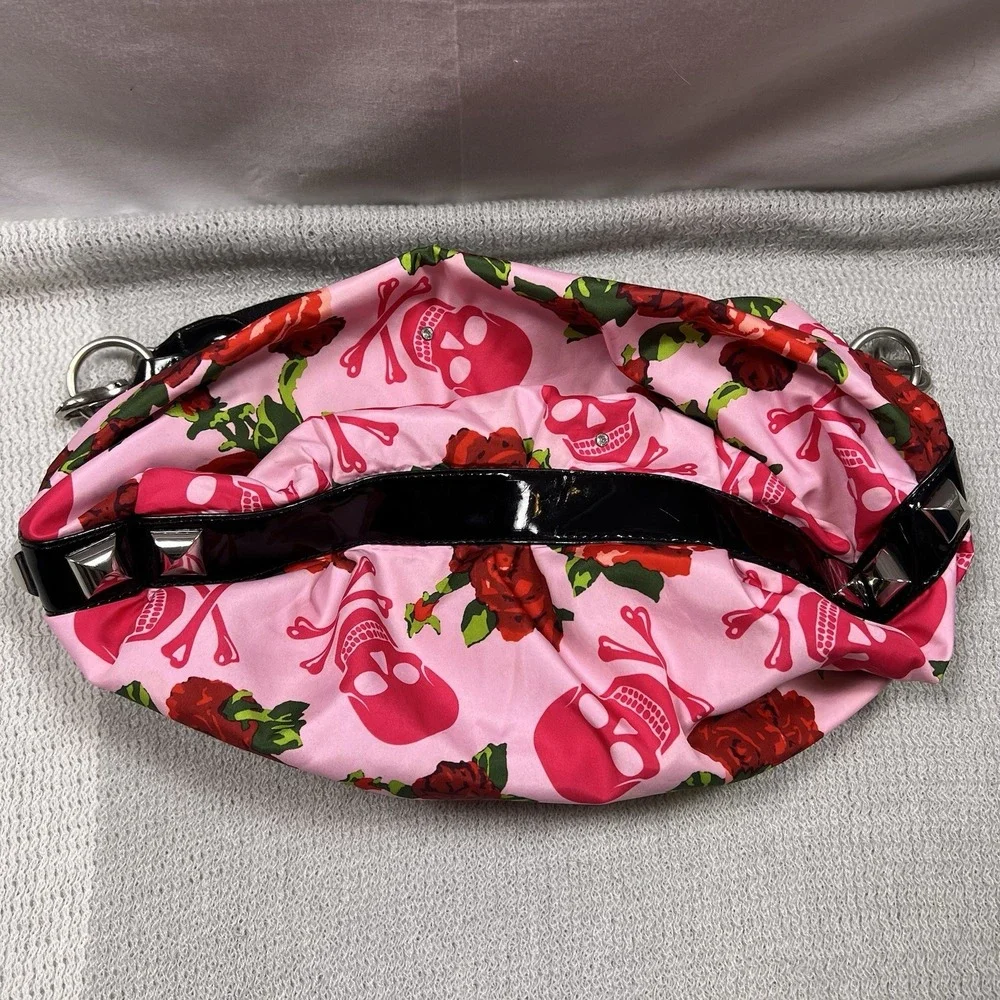 Betseyville Pink Skull Rose Print Hobo Shoulder Bag Studded Accents Y2K Emo Goth